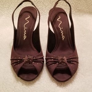 Chocolate Brown Nina peeptoe satin sling back heel